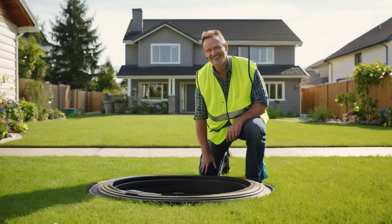 A local septic provider inspecting an open tank lid in a residential backyard in Chippewa Lake
